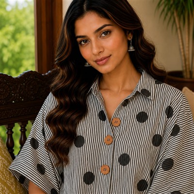 Midnight Polka Dot Pure Cotton Short Kaftan Shirt