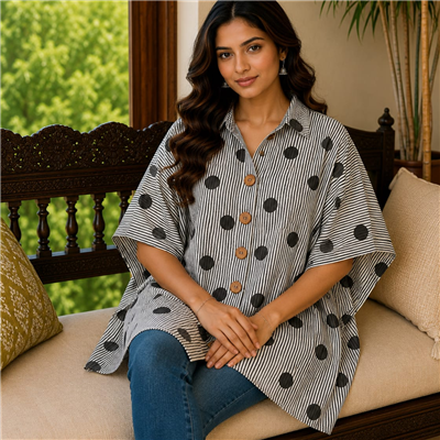 Midnight Polka Dot Pure Cotton Short Kaftan Shirt