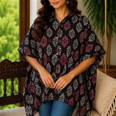 Crimson Swirl Cotton Short Kaftan Shirt