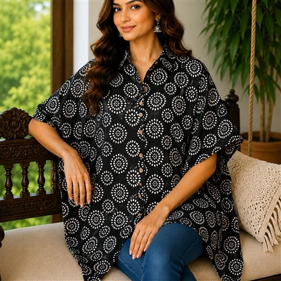 Obsidian Dot Printed Cotton Short Kaftan Shirt
