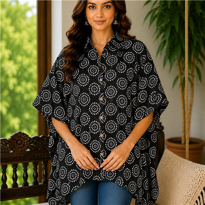 Obsidian Dot Printed Cotton Short Kaftan Shirt