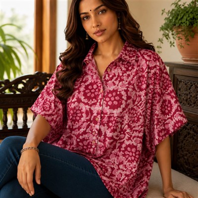 Dusky Rose Hand Block Printed Cotton Kaftan Shirt