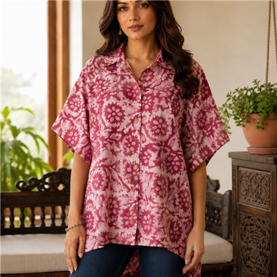 Dusky Rose Hand Block Printed Cotton Kaftan Shirt