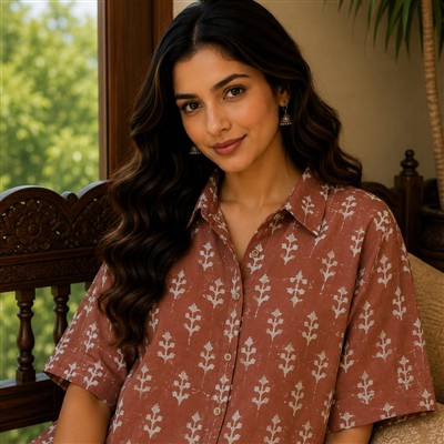 Rustic Blossom Hand Block Print Cotton Kaftan