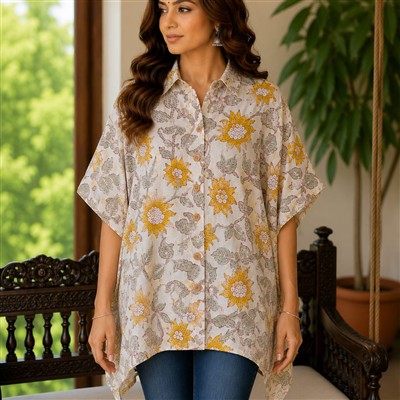Sunflower Charm Hand Block Printed Cotton Short Kaftan Shirt