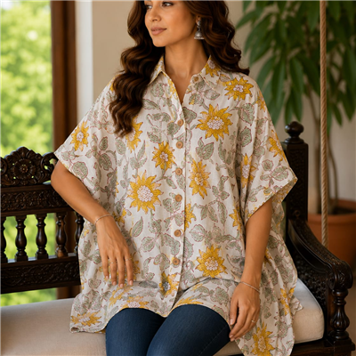 Sunflower Charm Hand Block Printed Cotton Short Kaftan Shirt
