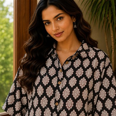 Ivory Blossom Hand Block Printed Cotton Kaftan Shirt