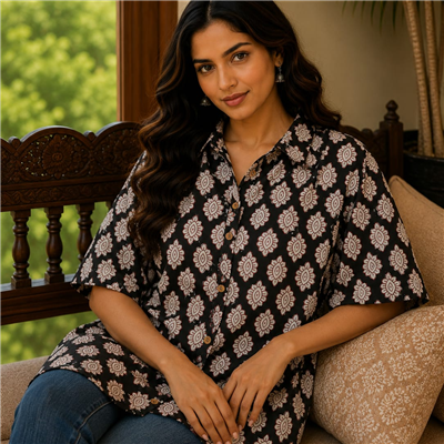 Ivory Blossom Hand Block Printed Cotton Kaftan Shirt
