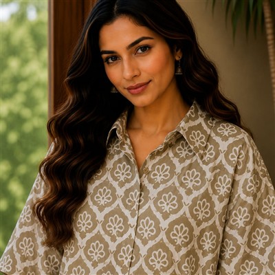 Sandy Blossom Hand Block Printed Cotton Kaftan Shirt