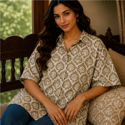 Sandy Blossom Hand Block Printed Cotton Kaftan Shirt