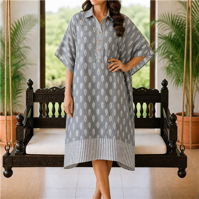 Slate Leaf Muslin Modal Silk Kaftan