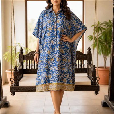 Sunshine Blooms Hand Block Printed Cotton Kaftan