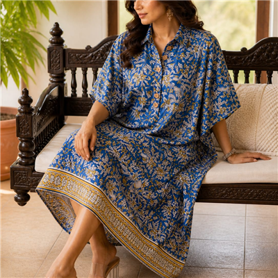 Sunshine Blooms Hand Block Printed Cotton Kaftan