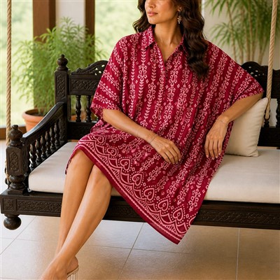 Crimson Floral Muslin Modal Silk Kaftan