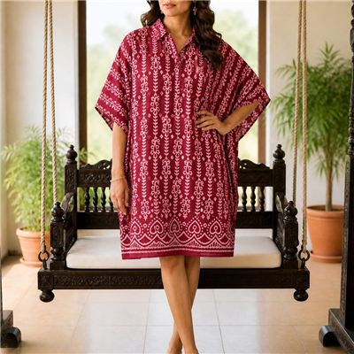 Crimson Floral Muslin Modal Silk Kaftan