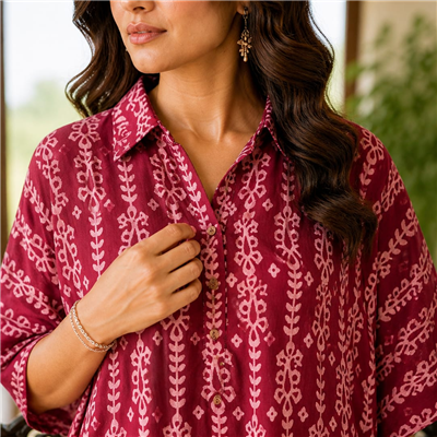 Crimson Floral Muslin Modal Silk Kaftan