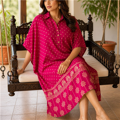 Emerald Ferns Hand Block Printed Kaftan