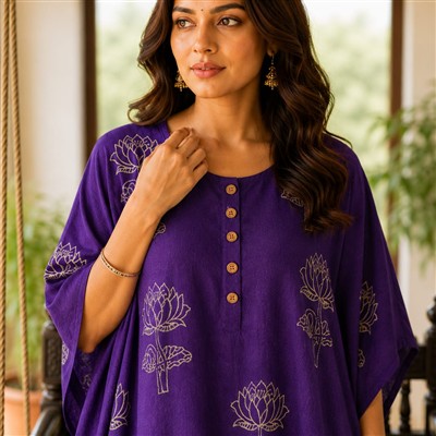 Violet Lotus Embroidered Muslin Modal Silk Kaftan