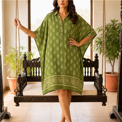 Meadow Green Floral Print Muslin Modal Silk Kaftan