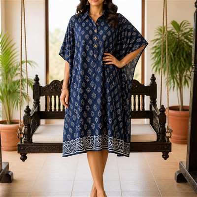Navy Sunburst Print Muslin Modal Silk Kaftan