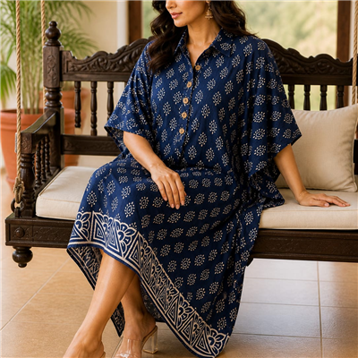 Navy Sunburst Print Muslin Modal Silk Kaftan