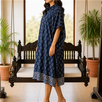 Navy Sunburst Print Muslin Modal Silk Kaftan