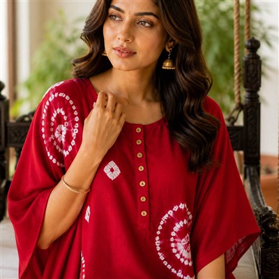 Coral Blossom Hand Block Printed Kaftan