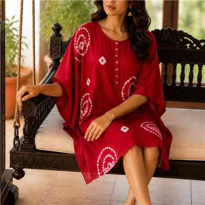 Coral Blossom Hand Block Printed Kaftan