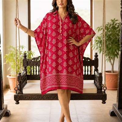Crimson Blossom Hand Block Printed Kaftan
