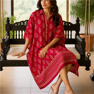 Crimson Blossom Hand Block Printed Kaftan