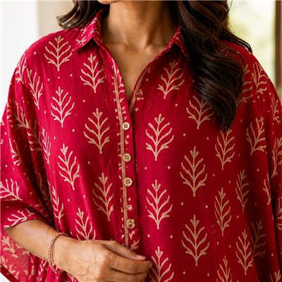 Crimson Blossom Hand Block Printed Kaftan