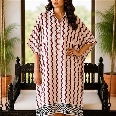 Burgundy Zigzag Muslin Modal Silk Kaftan