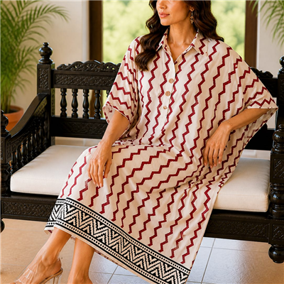 Burgundy Zigzag Muslin Modal Silk Kaftan