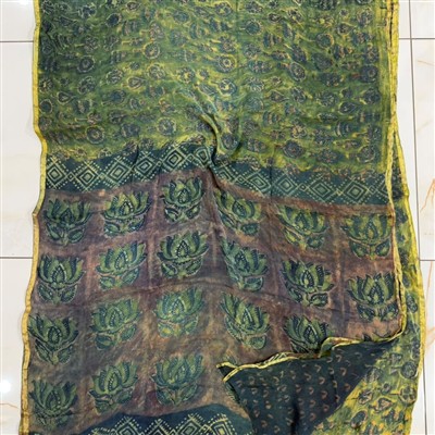 Emerald Blossom Hand Block Printed Double Diamond Double Diamond Chiffon Saree