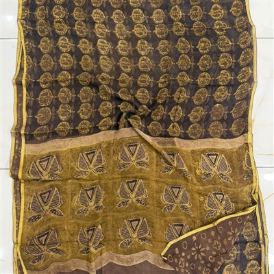 Charcoal Charm Floral Geometric Double Diamond Chiffon Saree