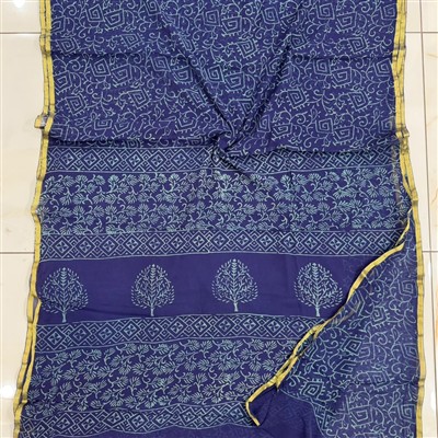 Navy Aqua Floral and Geometric Double Diamond Chiffon Saree