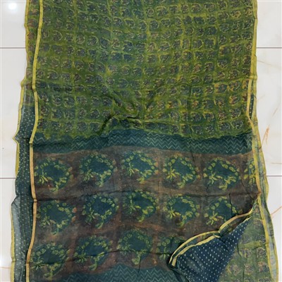 Emerald Floral and Geometric Hand Block Printed Double Diamond Chiffon Saree
