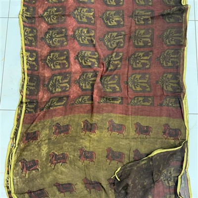 Crimson Olive Geometric Chiffon Saree