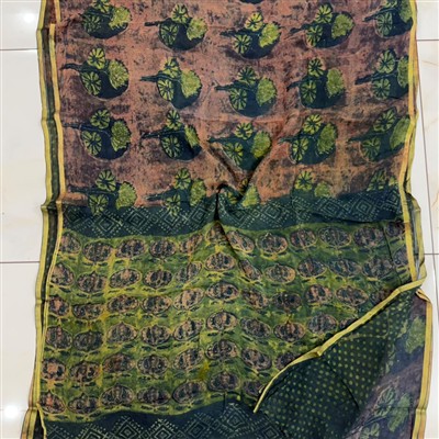 Rusty Terra Leaf Hand Block Printed Chiffon Saree