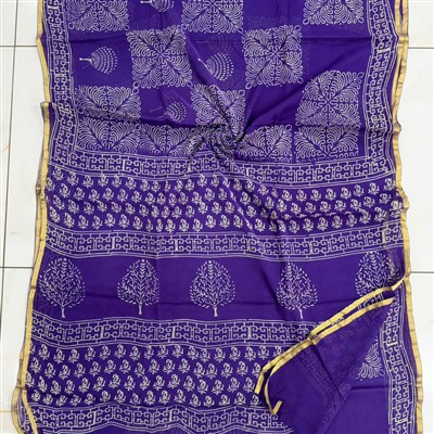 Royal Purple Blossom Hand Block Printed Double Diamond Chiffon Saree
