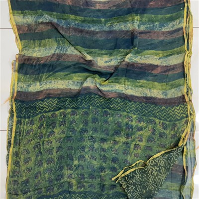 Teal Elephant Stripe Hand Printed Chiffon Saree