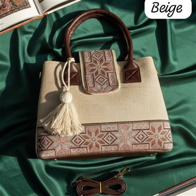 Rustic Beige Floral Geometry Embroidered Tote