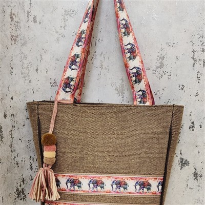 Earthy Tan Elephant Motif Fabric Tote