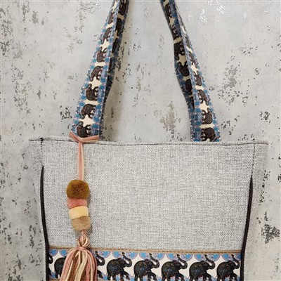 Ash Elephant Print Artisanal Tote with Yarn Charm