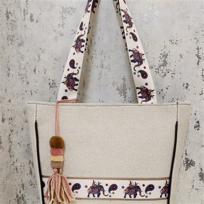 Beige Elephant Charm Fabric Tote