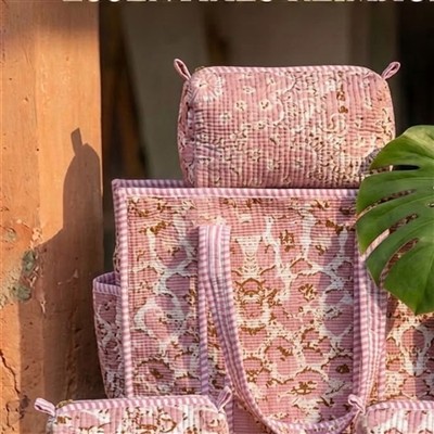 Pastel Pink Floral Check Quilted Tote with Organizer Pouch Set