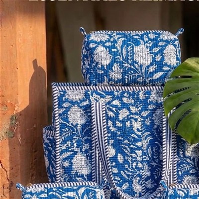Cobalt Floral Elegance Quilted Tote with Organizer Pouches