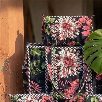 Midnight Rose Bloom Quilted Tote with Organizer Set