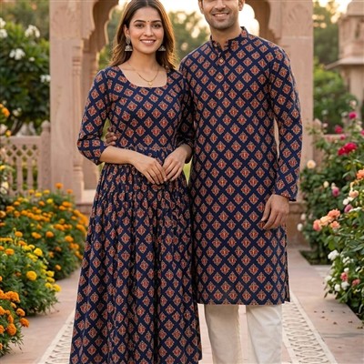 Navy Diamond Floral Cotton Couple Set