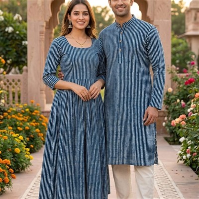Royal Blue Striped Bagru Cotton Couple Set